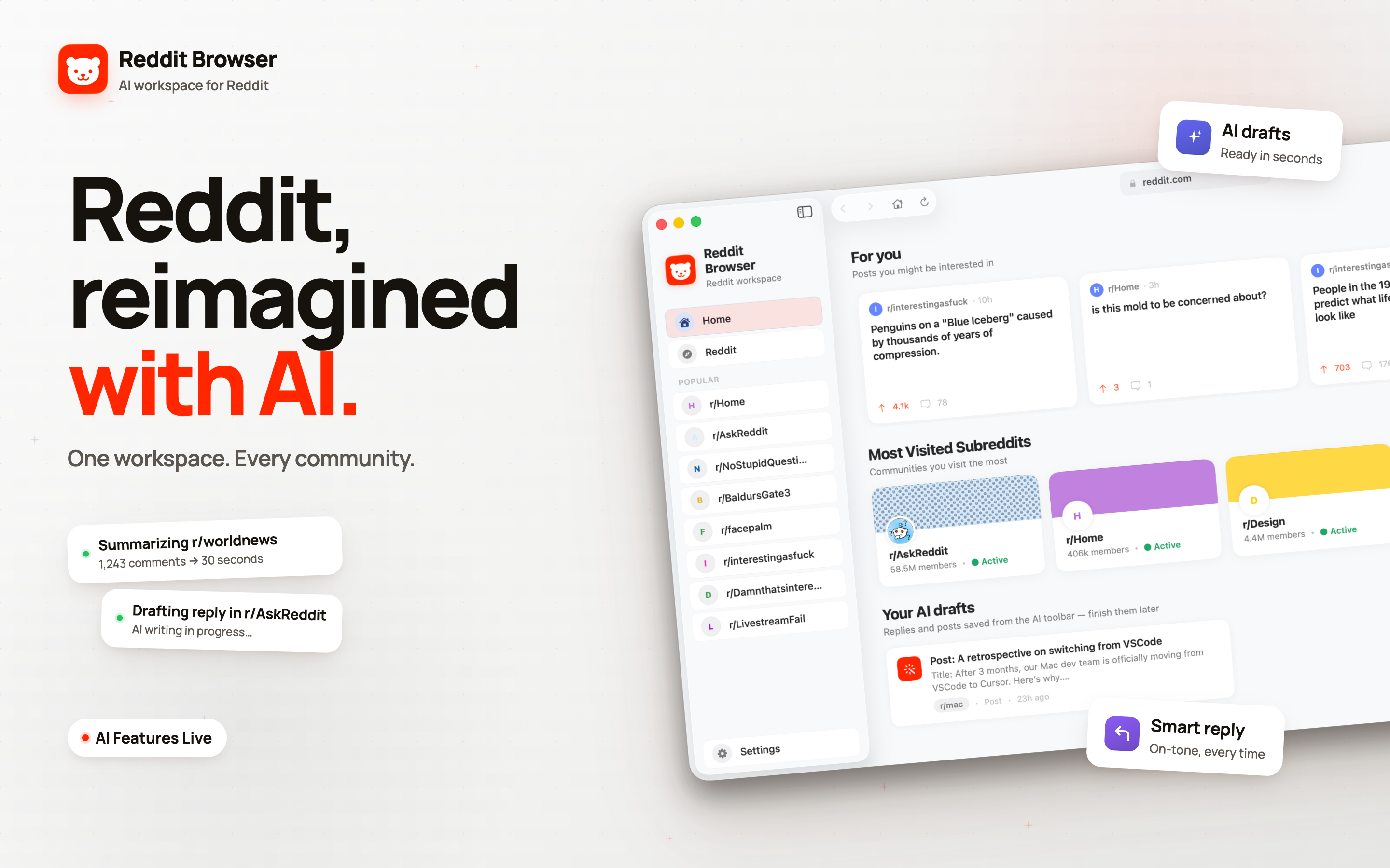 Reddit Browser for Mac — native client with AI summarize, reply, and translate