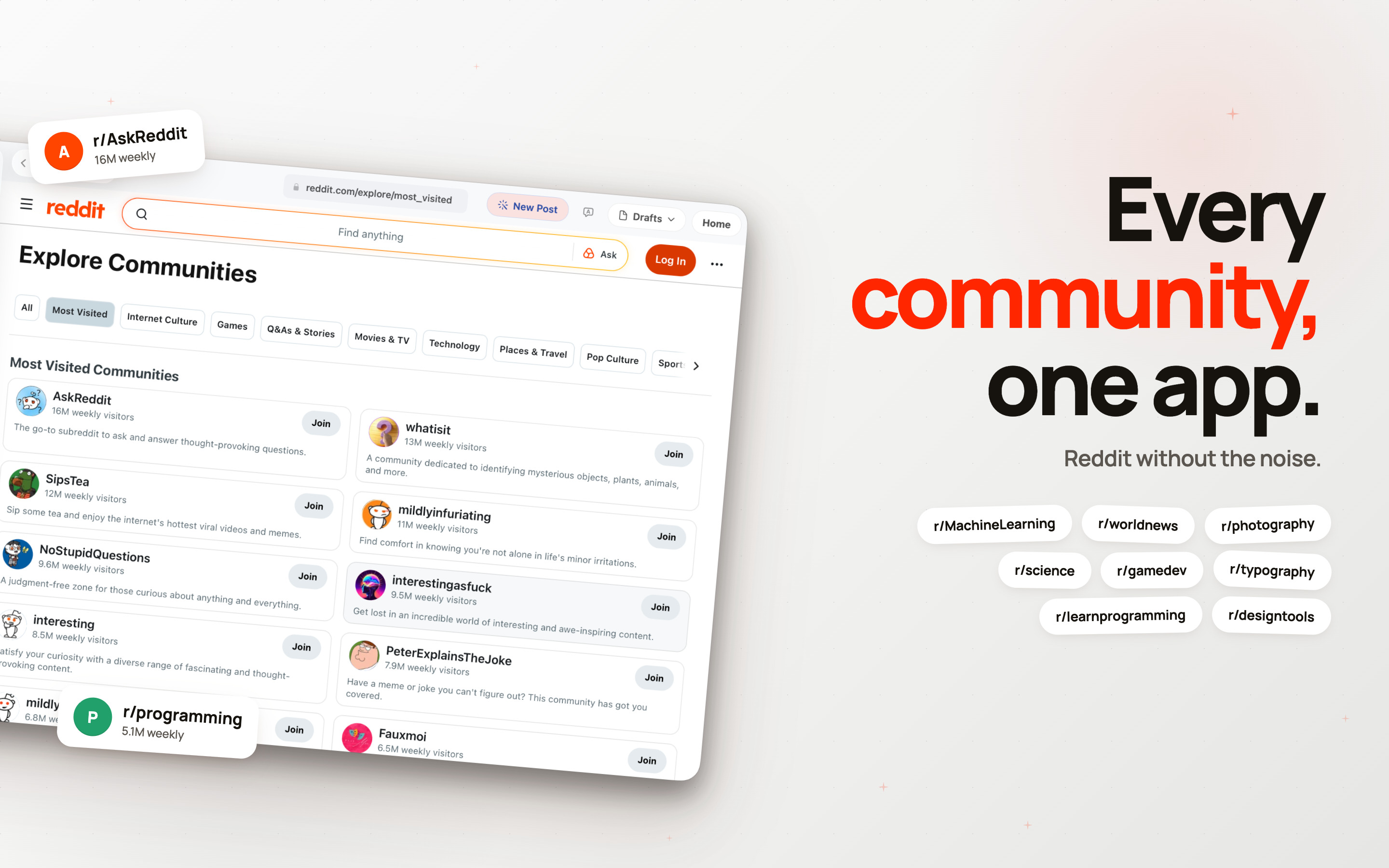 Reddit Browser showing subreddit explore feed in a native macOS window