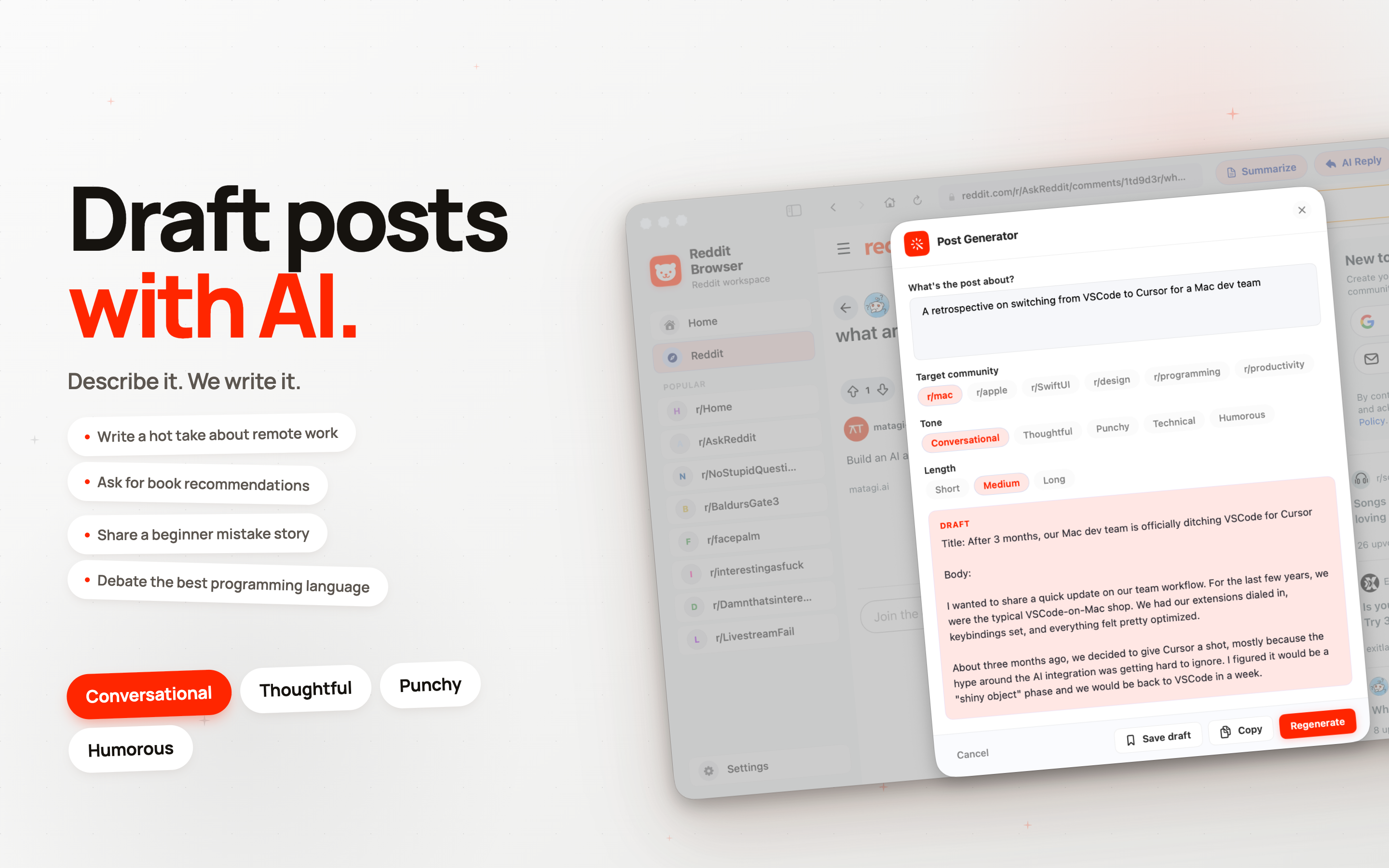 AI Post Generator sheet with target subreddit, tone, and length chips