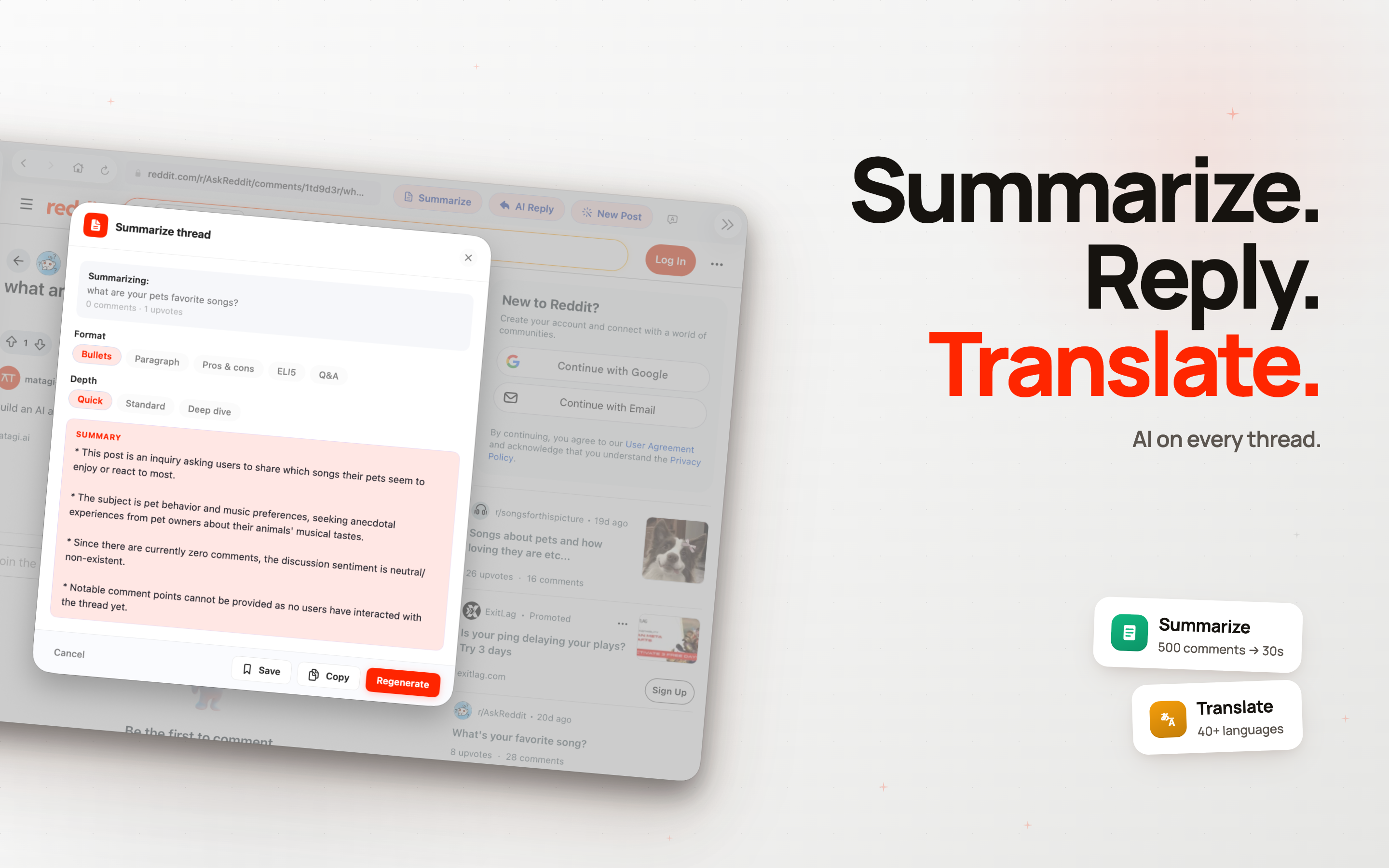 AI toolbar with Summarize and AI Reply pill buttons on a Reddit post