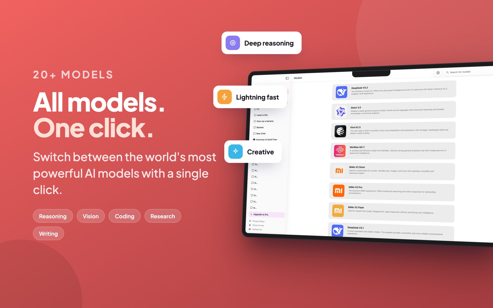 ChatGPT alternative for Mac showing a model picker with DeepSeek, Qwen, Kimi and MiniMax AI models