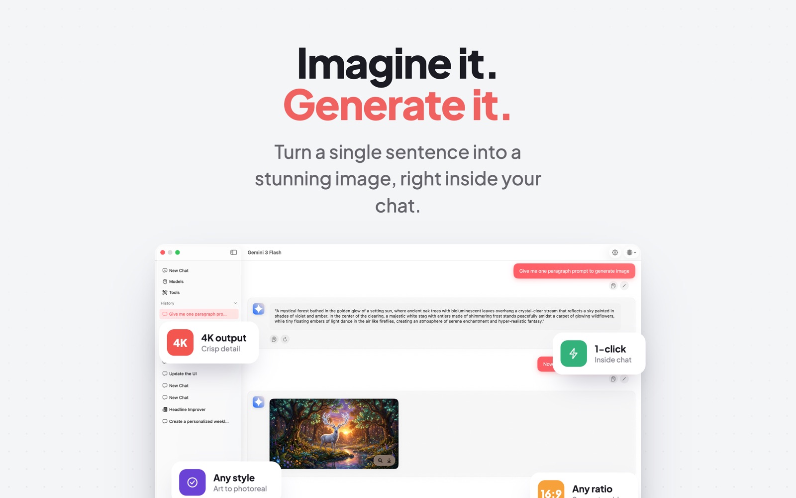 AI image generator on Mac creating a 4K fantasy image from a text prompt inside the chat