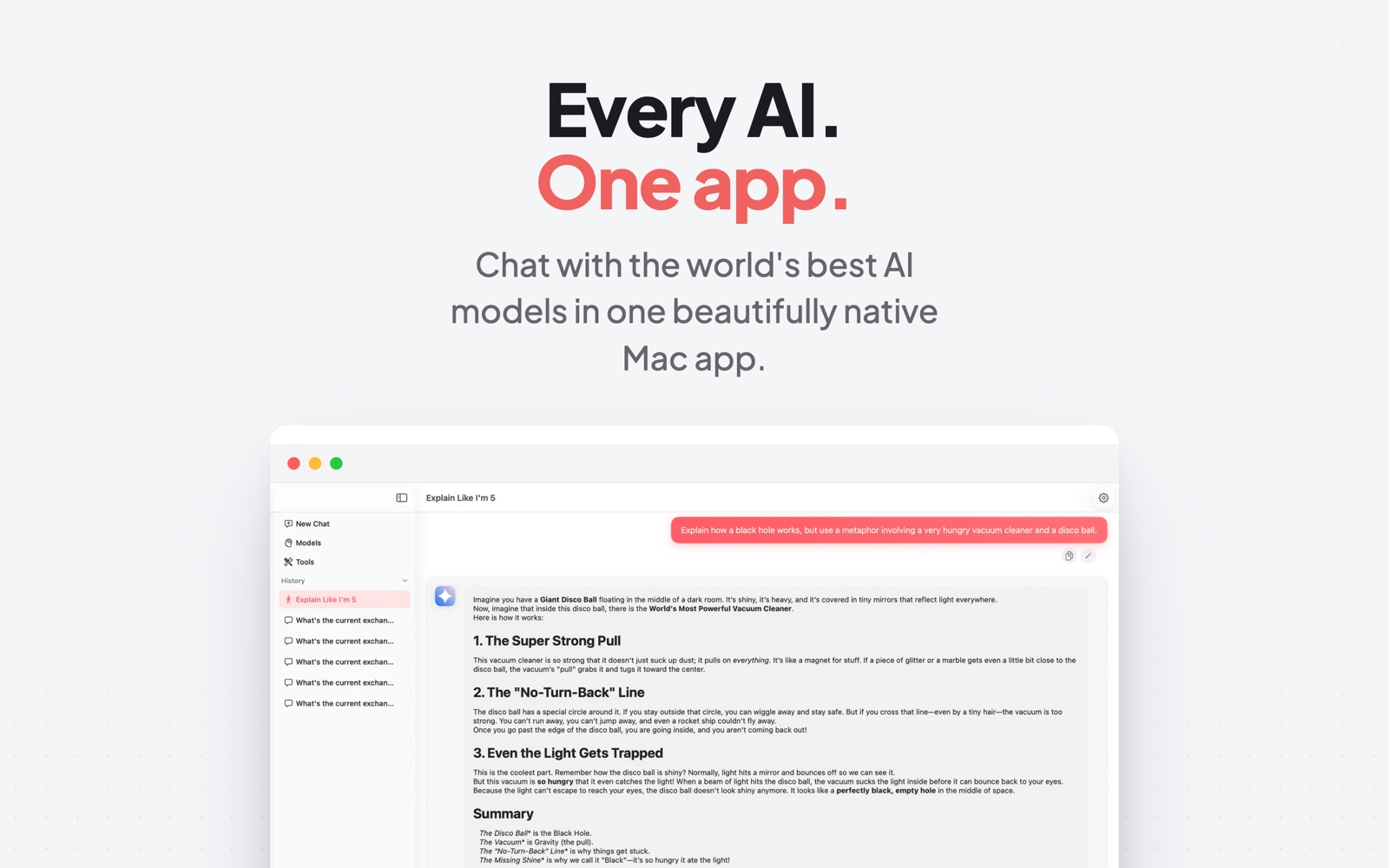 Claude AI chatting in a native Mac app window with chat history in the sidebar