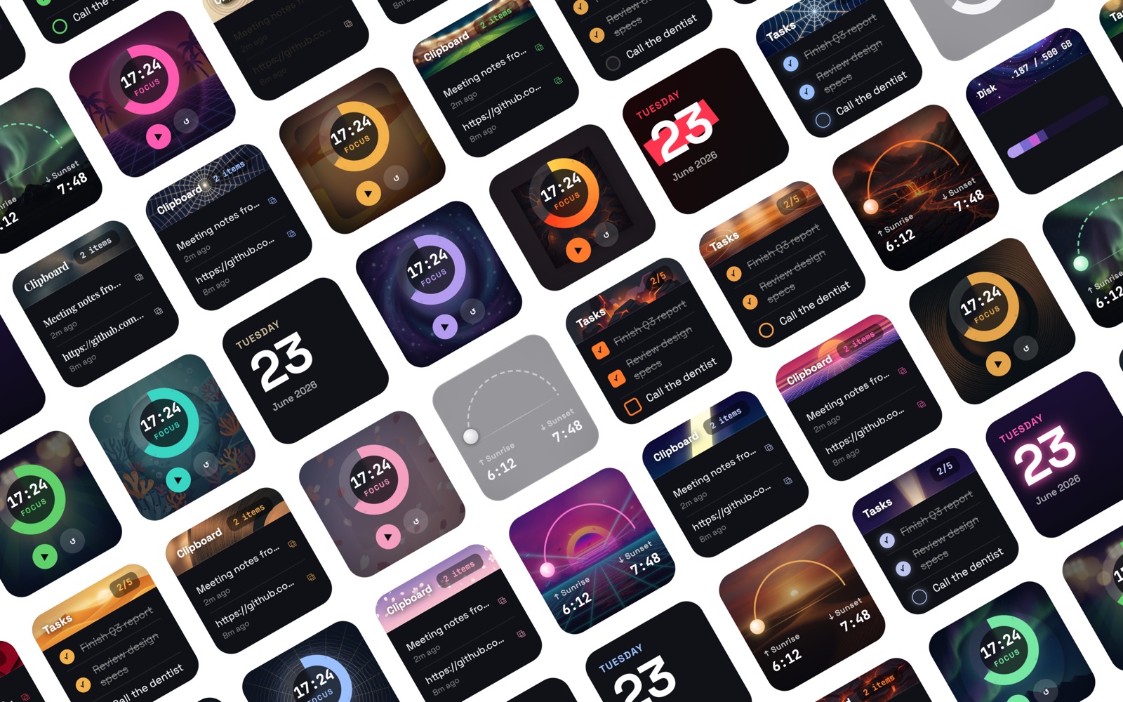 Colorful widget designs for Mac desktop including aurora, lava, synthwave and coral reef themes