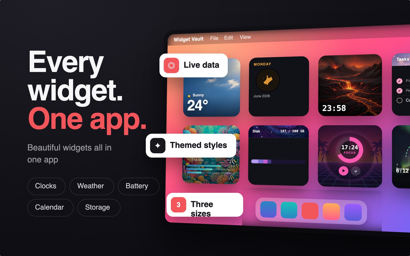 Widget Vault widget gallery on Mac — every widget in one app with live data, themed styles and three sizes