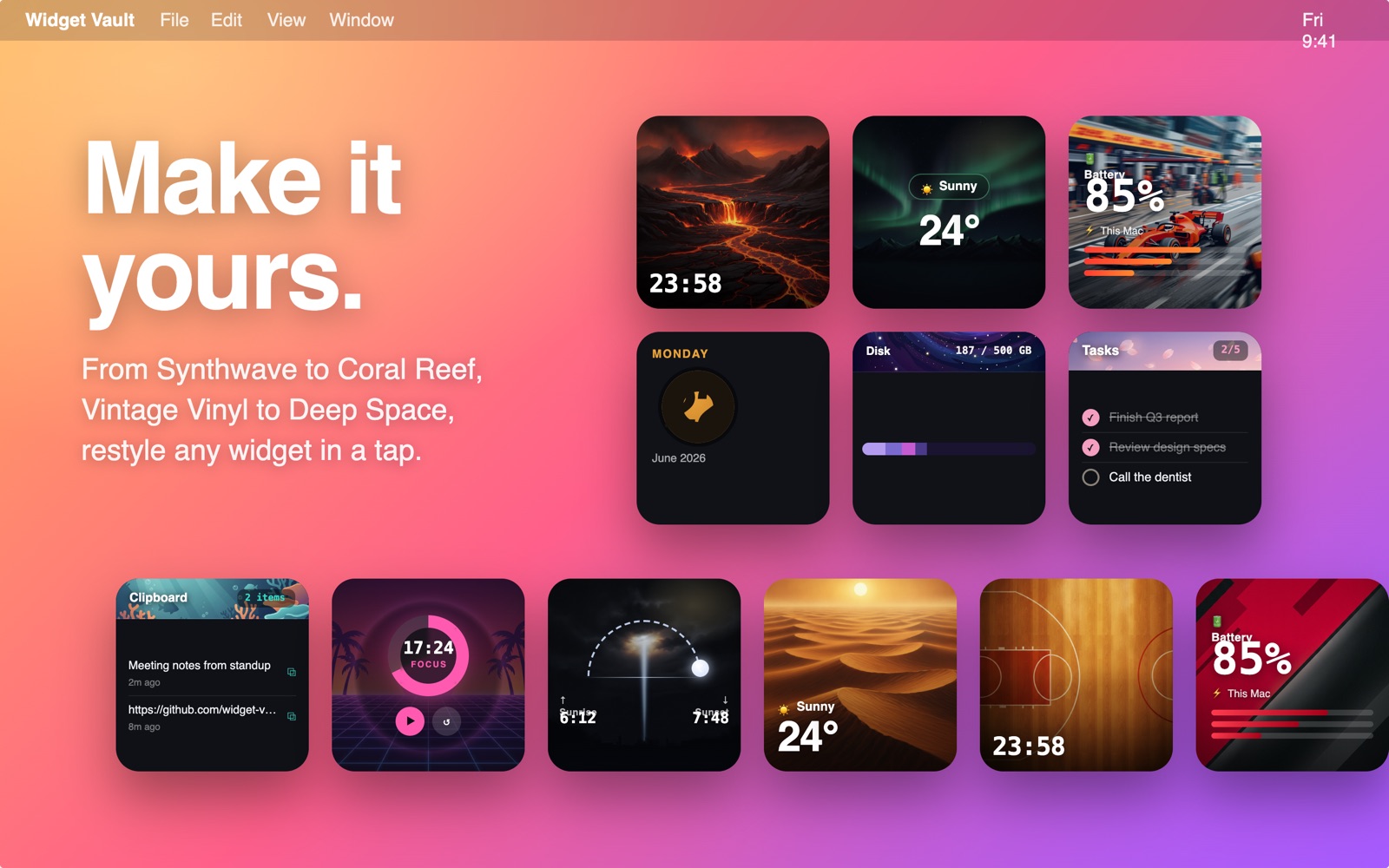 Analog and digital clock widgets on a Mac desktop in themed styles including lava, wood court and desert from Widget Vault